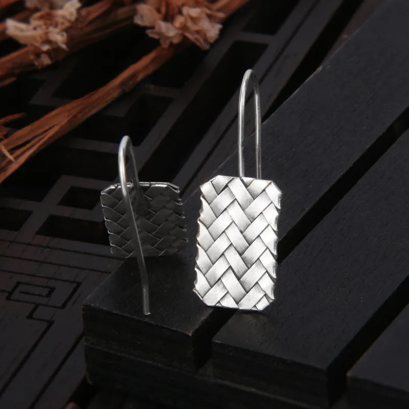 925 silver geometric woven plaid diamond earrings measuring 17.5mm by 11mm