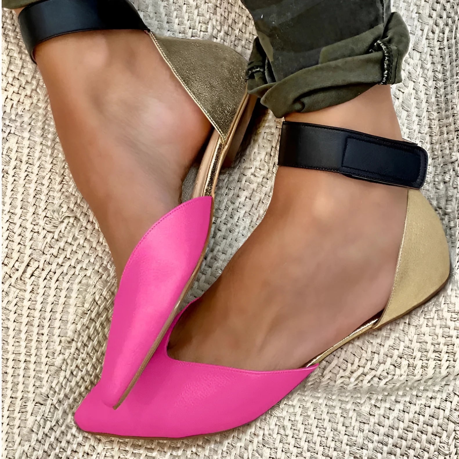 Women's fashion sandals with velcro strap and hollowed pattern on the PU upper, shown in multiple colours.