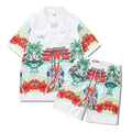 Plaid pattern beach outfit set with short sleeve shirt and matching shorts on mannequin
