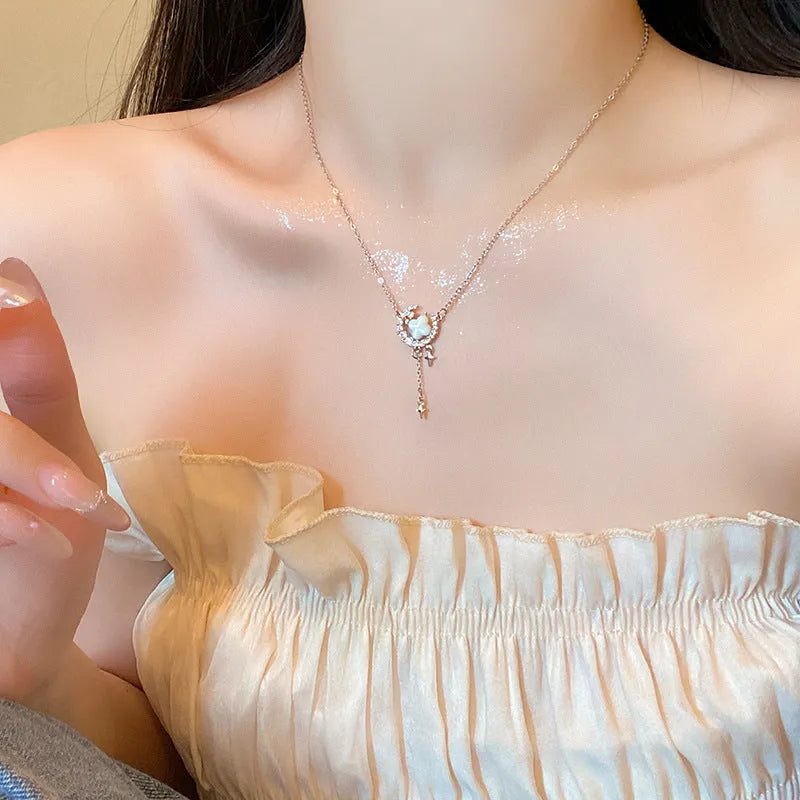 Gold and silver star moon sparkling zirconium necklace on an adjustable copper chain for women.