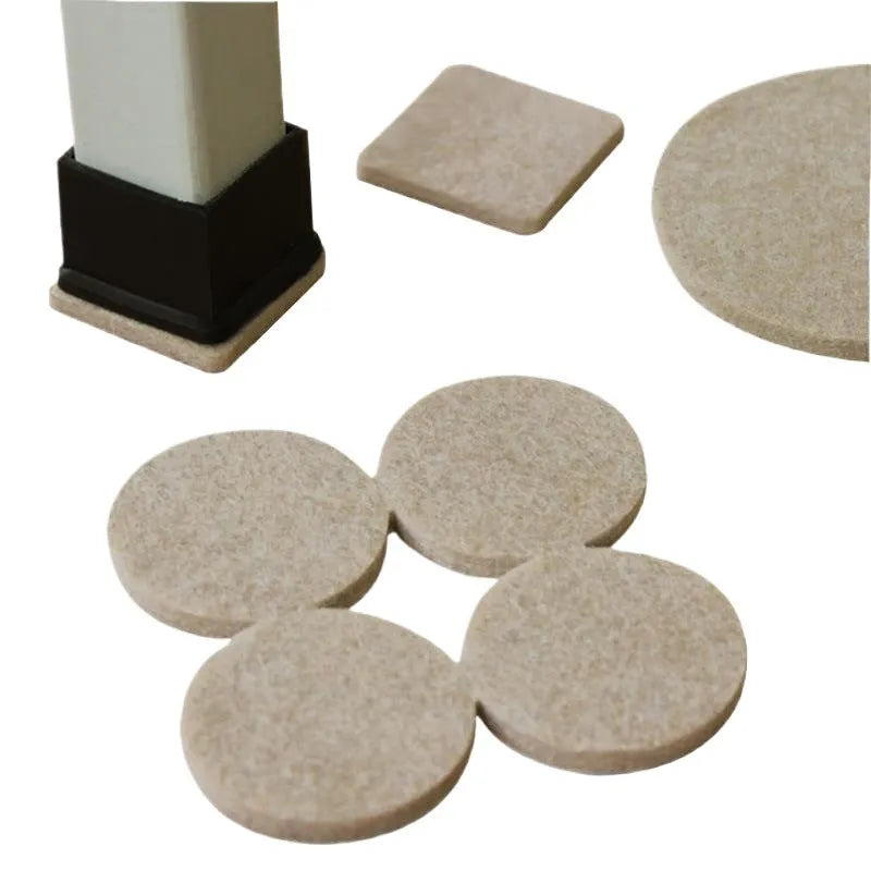 Beige furniture leg protection pads in round and square sizes for floor scratch prevention