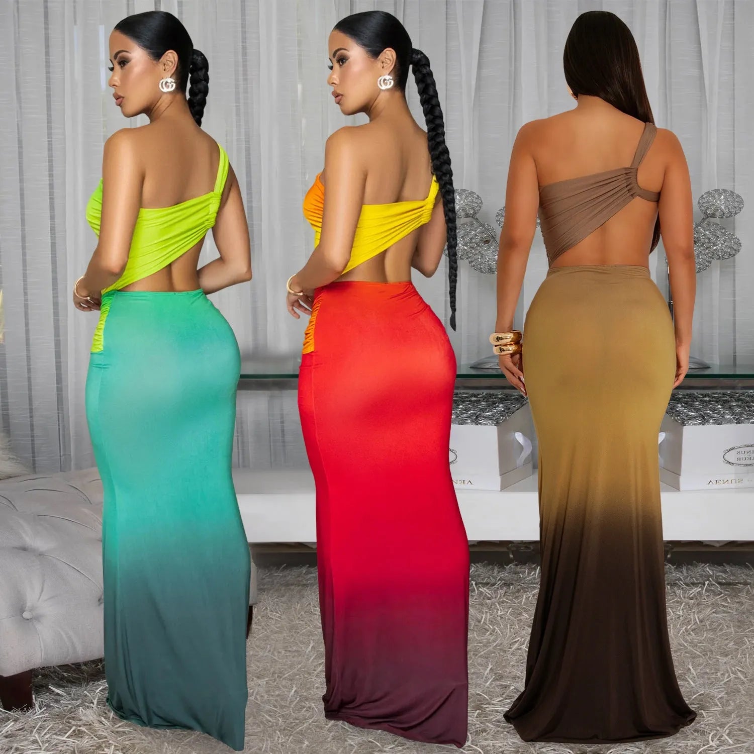 Gradient colour long dress with oblique shoulder design and high waist
