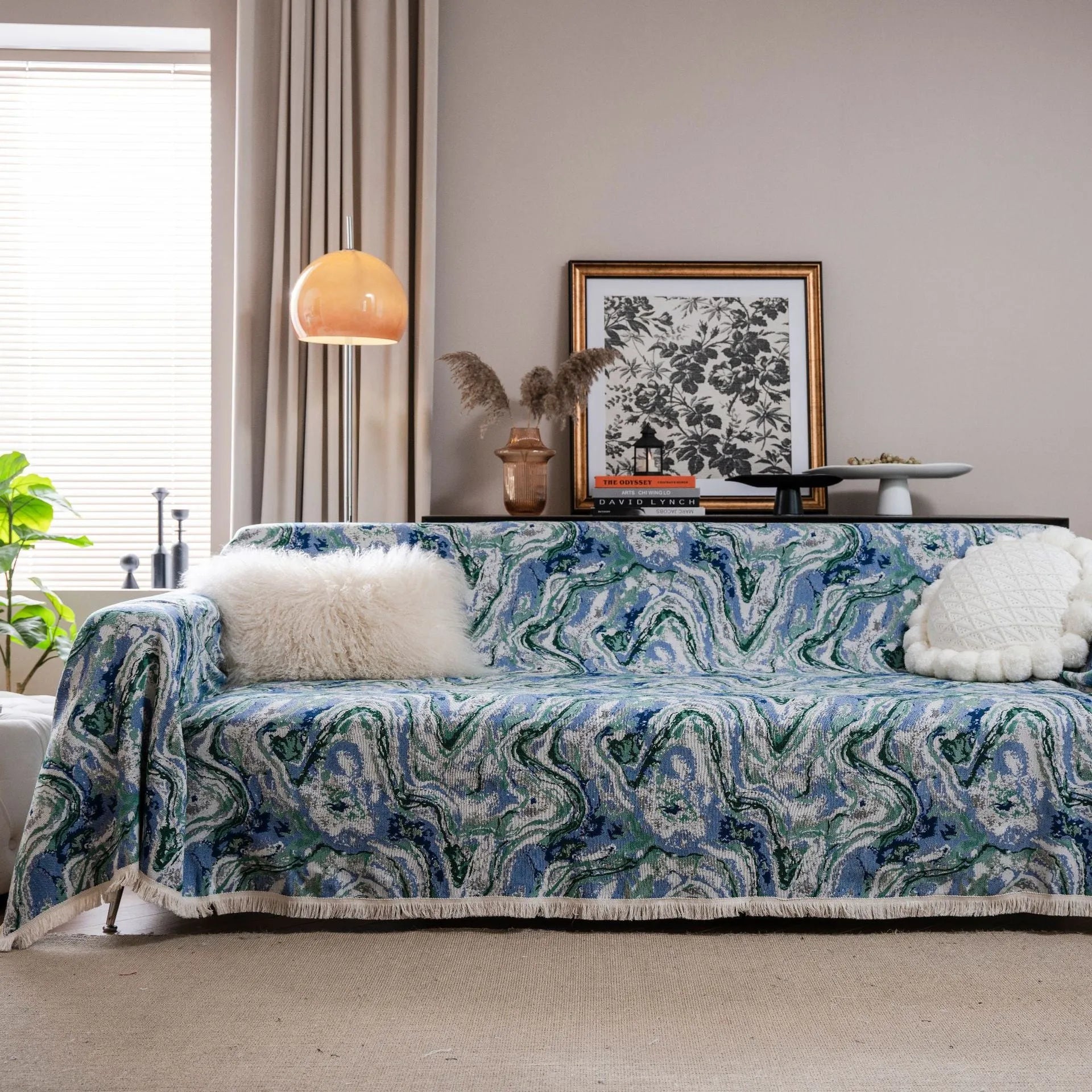 American country style floral jacquard pattern sofa cover in polyester cotton on a sofa.