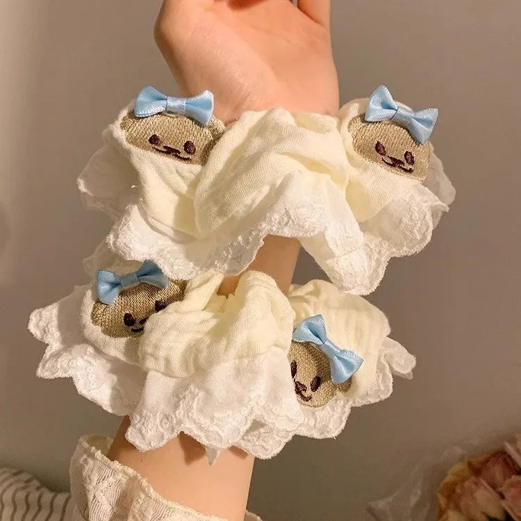 Bear blue bow lace large intestine hair ring elastic headband with cute bear design elements