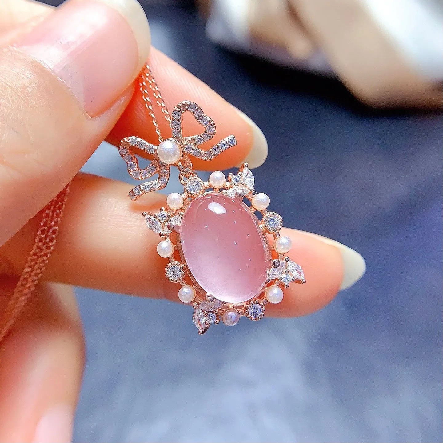 Rose quartz geometric pendant on rose gold plated silver chain necklace