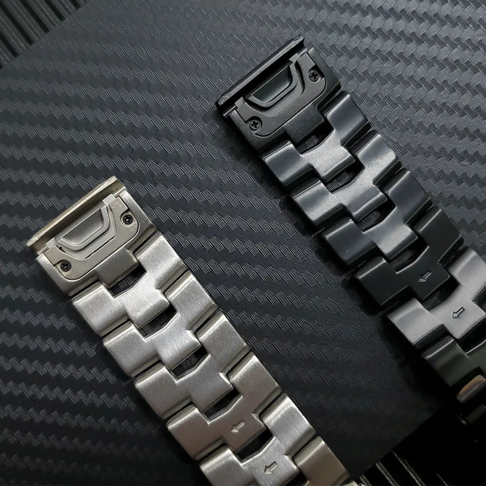 Garmin Fenix series replacement watch strap in black, silver, or titanium colour, showing 22mm and 26mm width options.