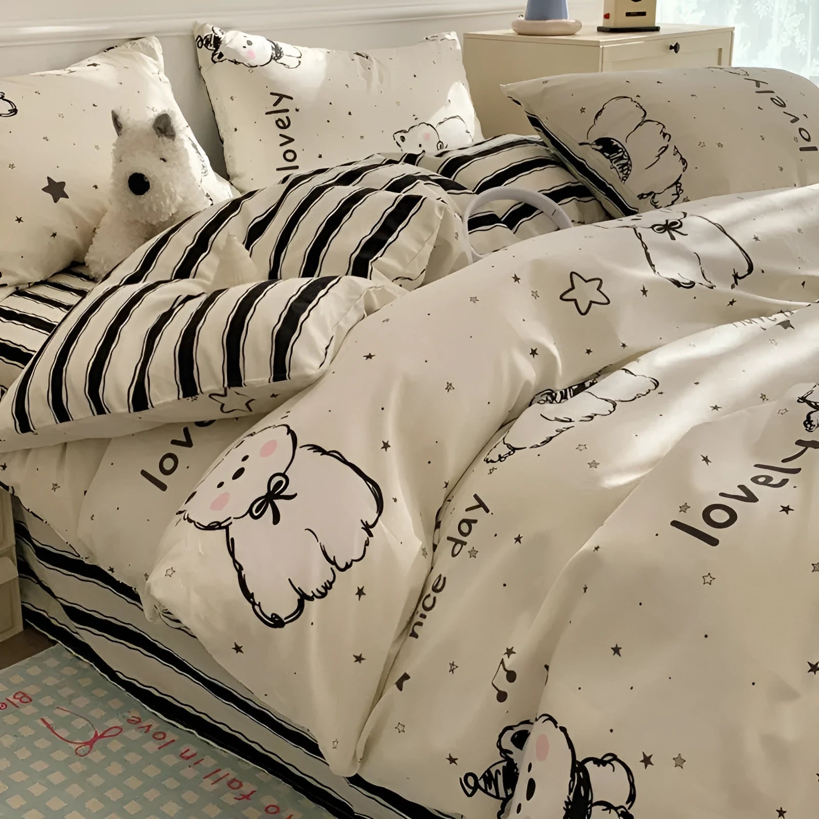 Cartoon dog print cotton bedding set including duvet cover and sheets in Animal World design