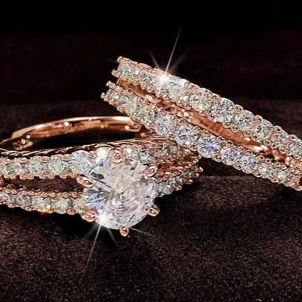 2 in 1 female ring set with fashion and fully-jewelled designs in three metallic colours