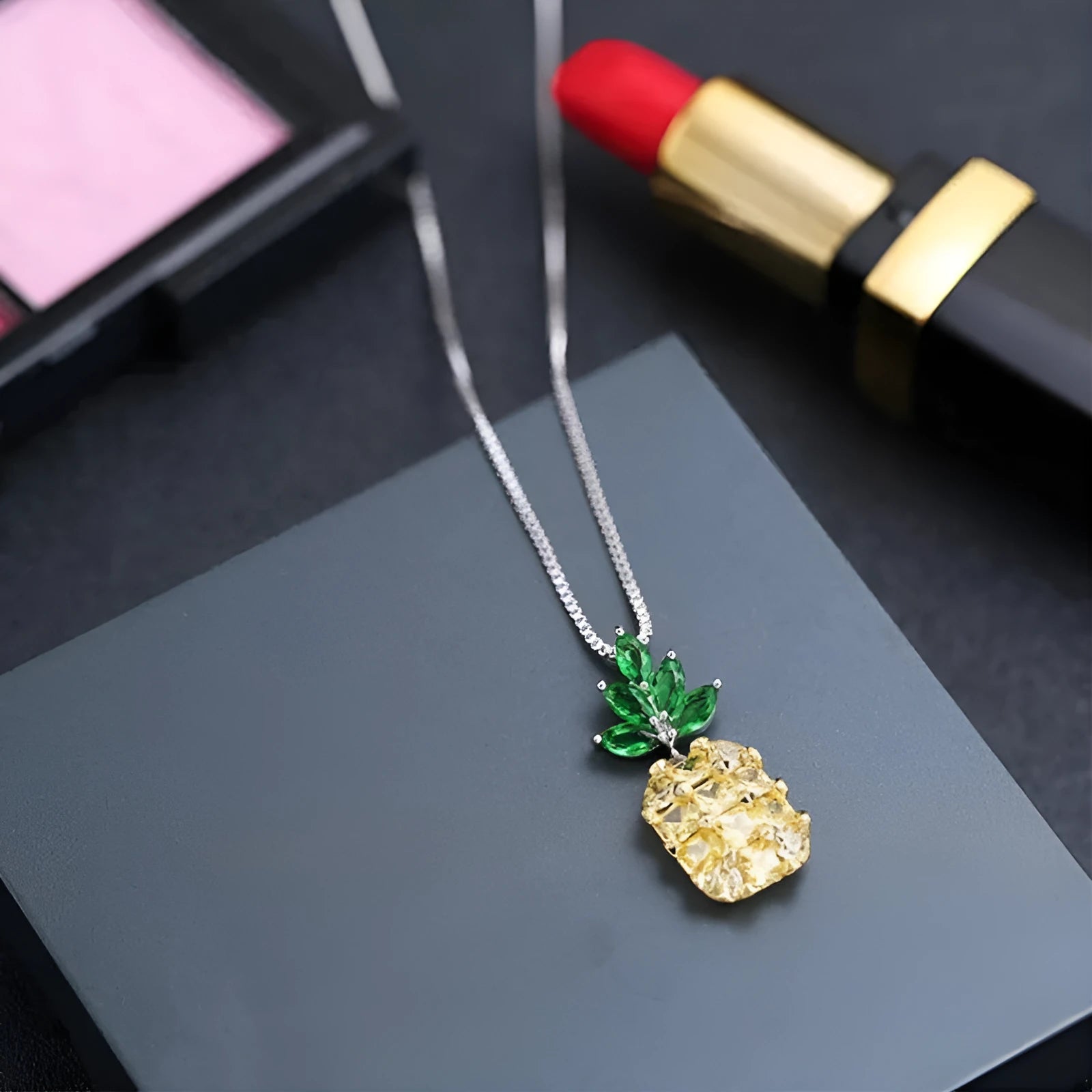 Geometric pineapple charm necklace in silver tone with Korean fashion styling