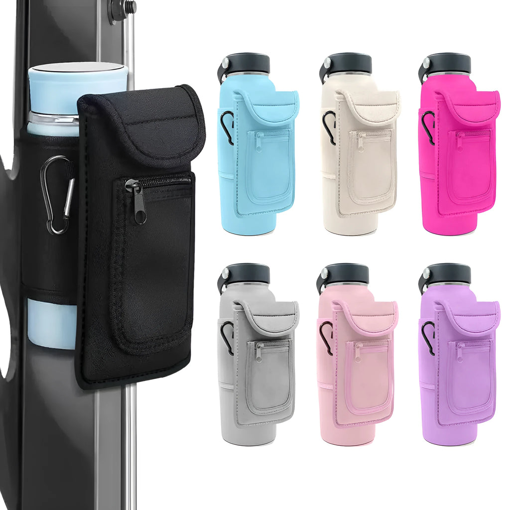 Insulated cloth cup sleeve for water bottles with magnetic hook attachment in black colour