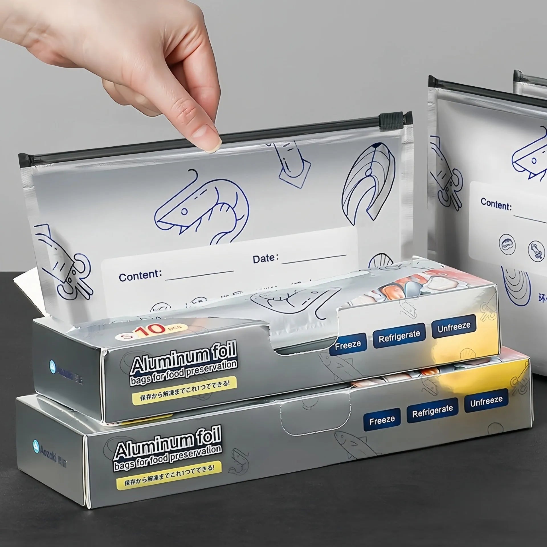 Aluminium foil sealed bags in three sizes for food storage with heat resistance properties