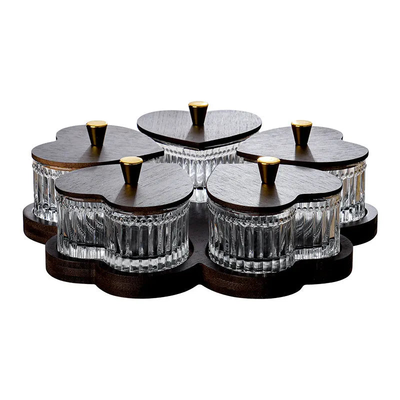 Glass retro snack serving platter with heart-shaped lid in 2-grid, 3-grid, 4-grid or 5-grid compartment options.