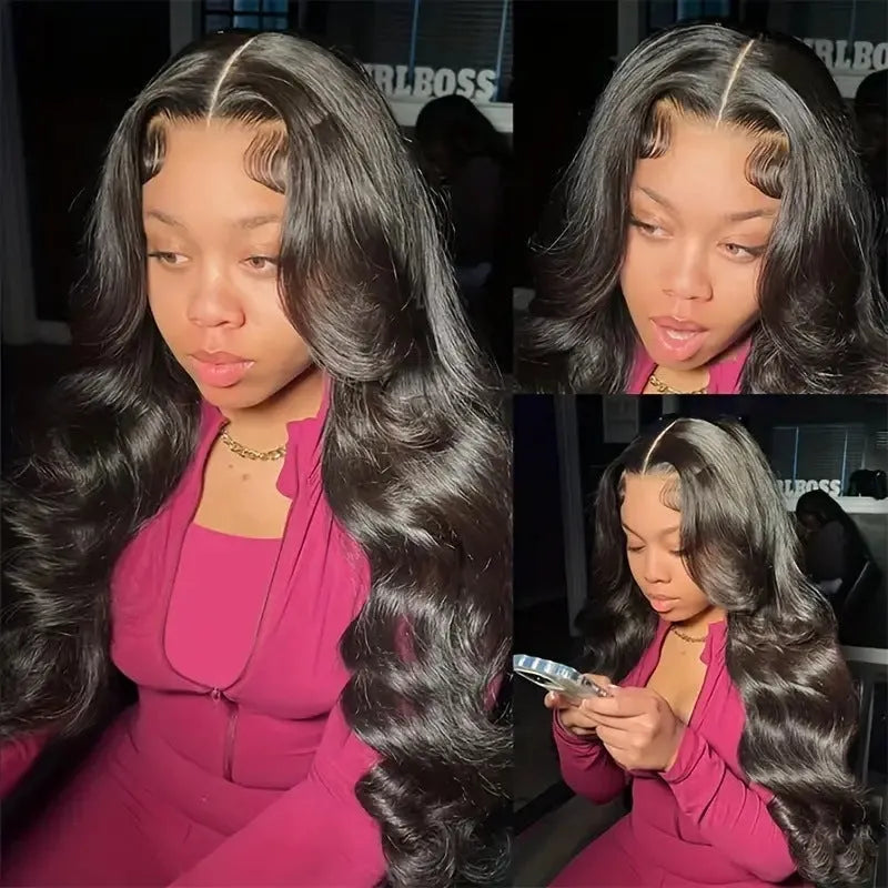 Black synthetic wig with big wave texture and lace front construction on display