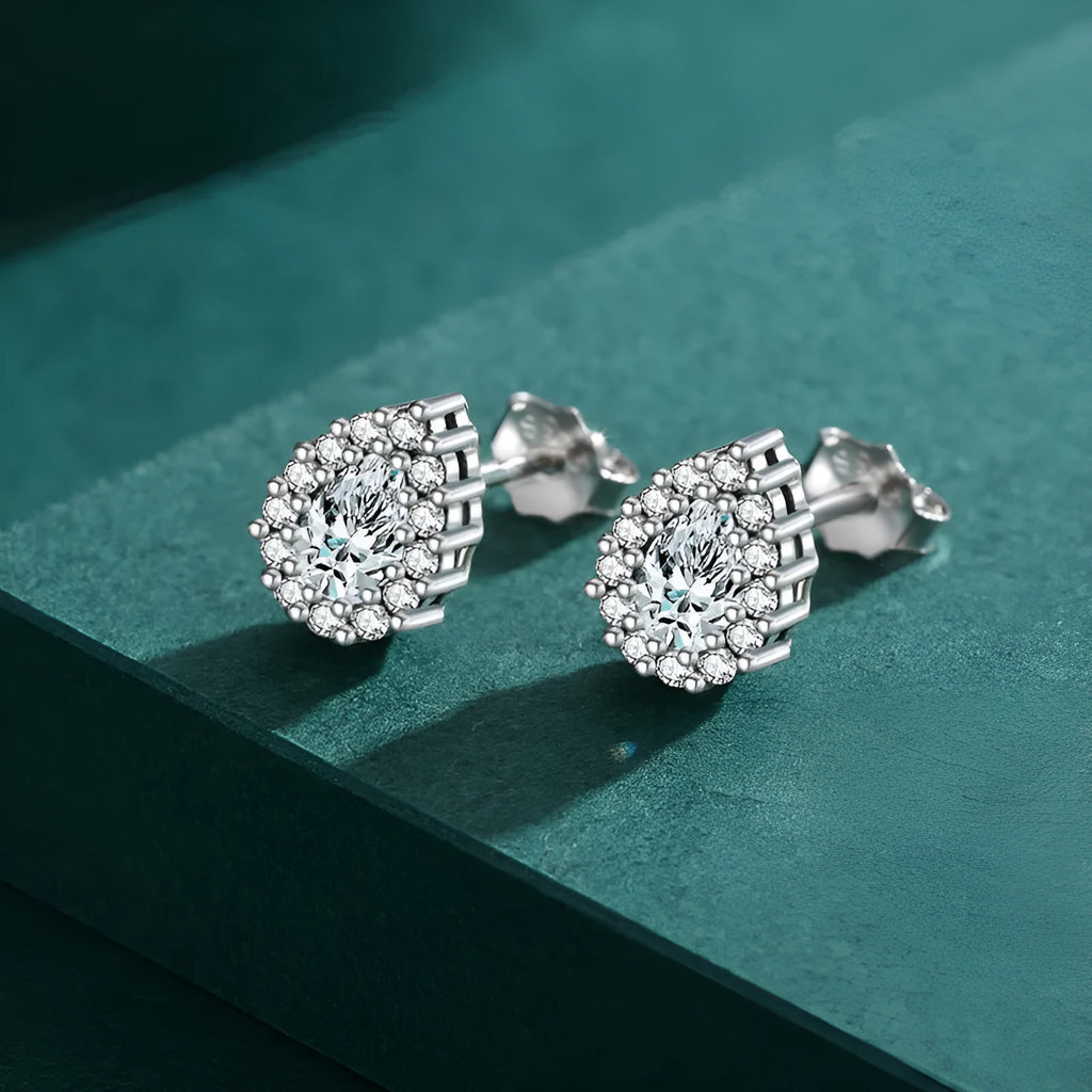 Women's silver water drop ear studs with diamond treatment surface