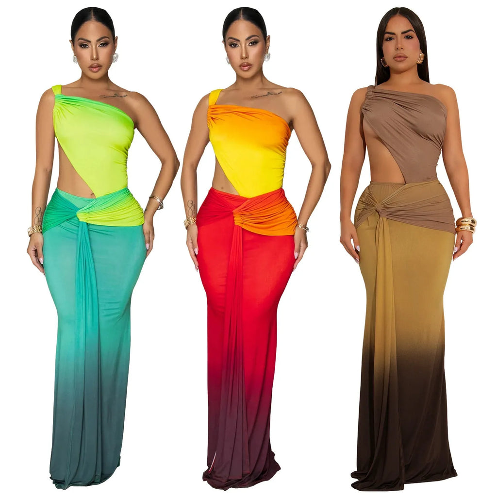 Gradient colour long dress with oblique shoulder design and high waist