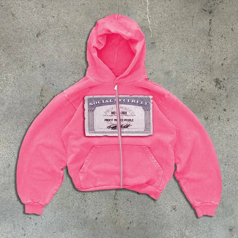 Men's and women's loose fit hoodie jacket with zipper pockets in letter pattern design