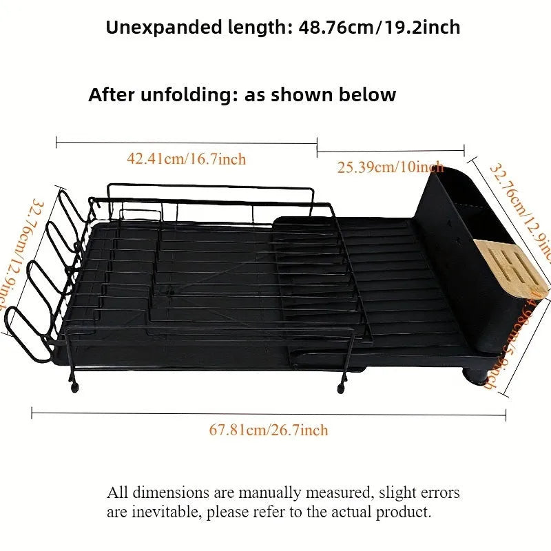 Retractable folding kitchen dish rack for cutlery and cup drainage made from carbon steel