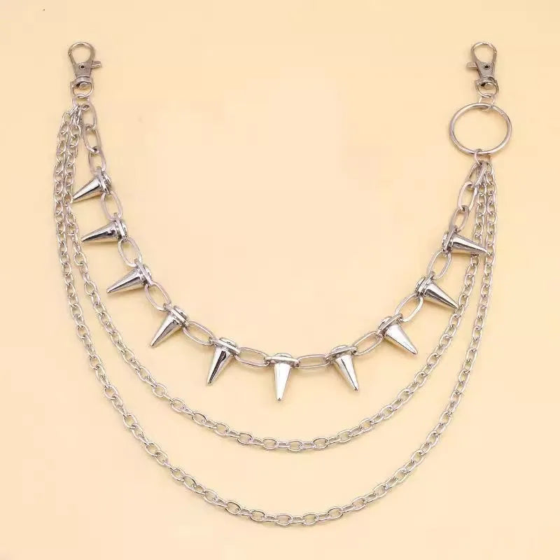 Silver metal pants chain with double-layer design and rivet details for punk hip hop fashion