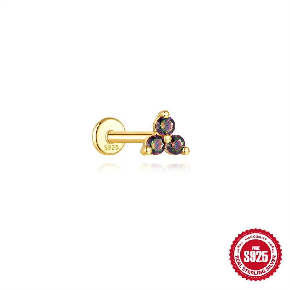 Geometric S925 sterling silver threaded stud earring with a flat head featuring a rainbow stone.