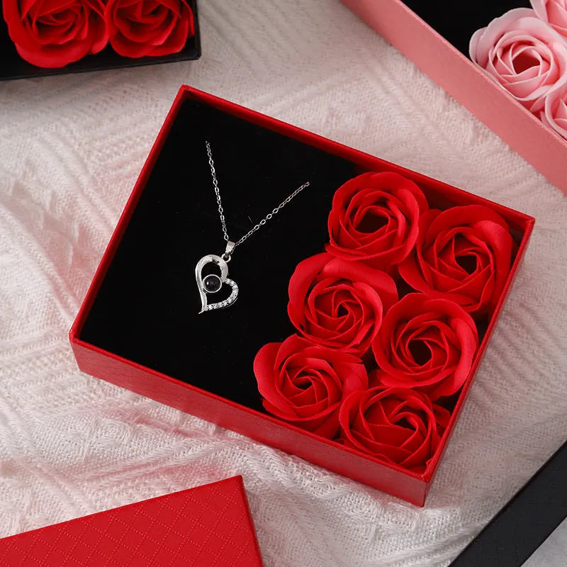 Korean style soap flower gift box set with six roses in red, pink, or black, including a presentation box and handbag.