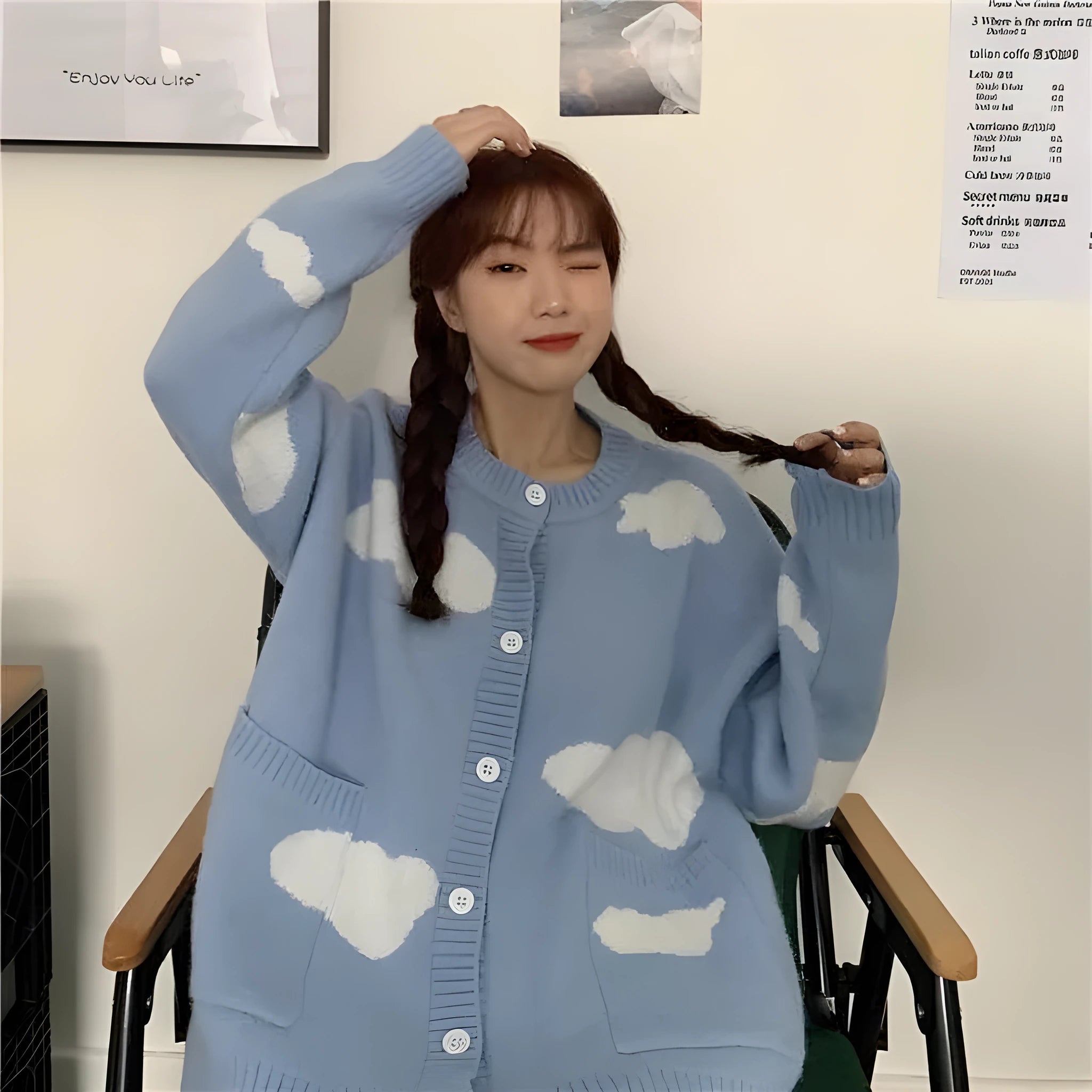 Blue cloud pattern women's loose spandex cardigan sweater with long sleeves