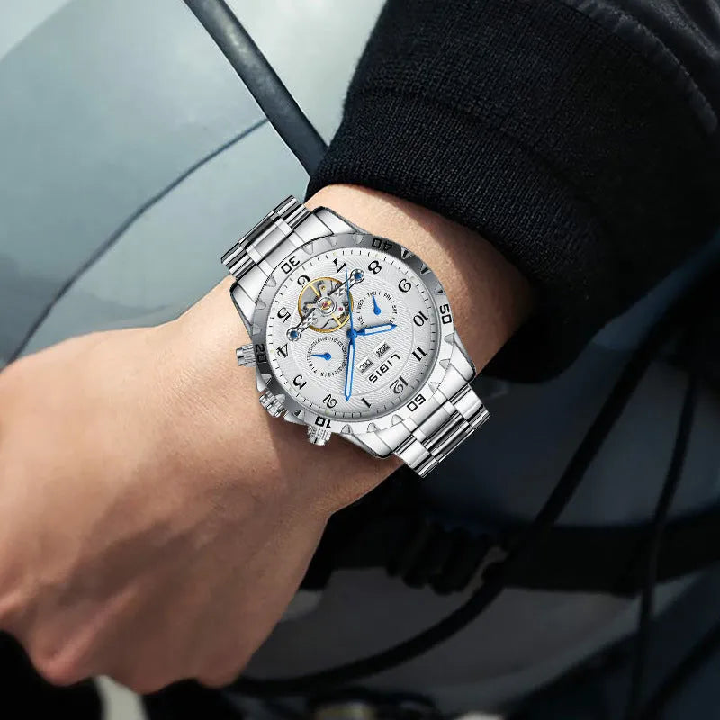 Men's silver stainless steel automatic perpetual calendar mechanical watch with business style design