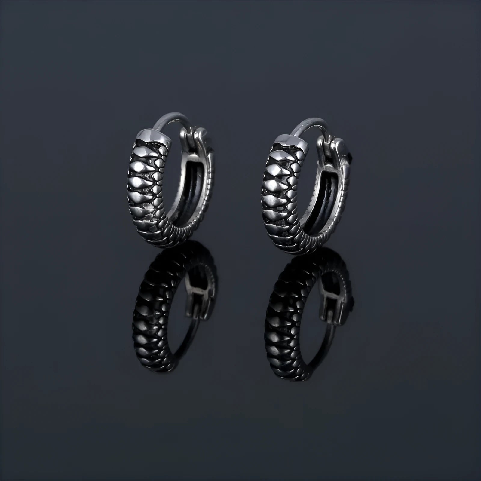 Geometric silver retro twist earrings with stripe detailing on circular titanium steel hoop