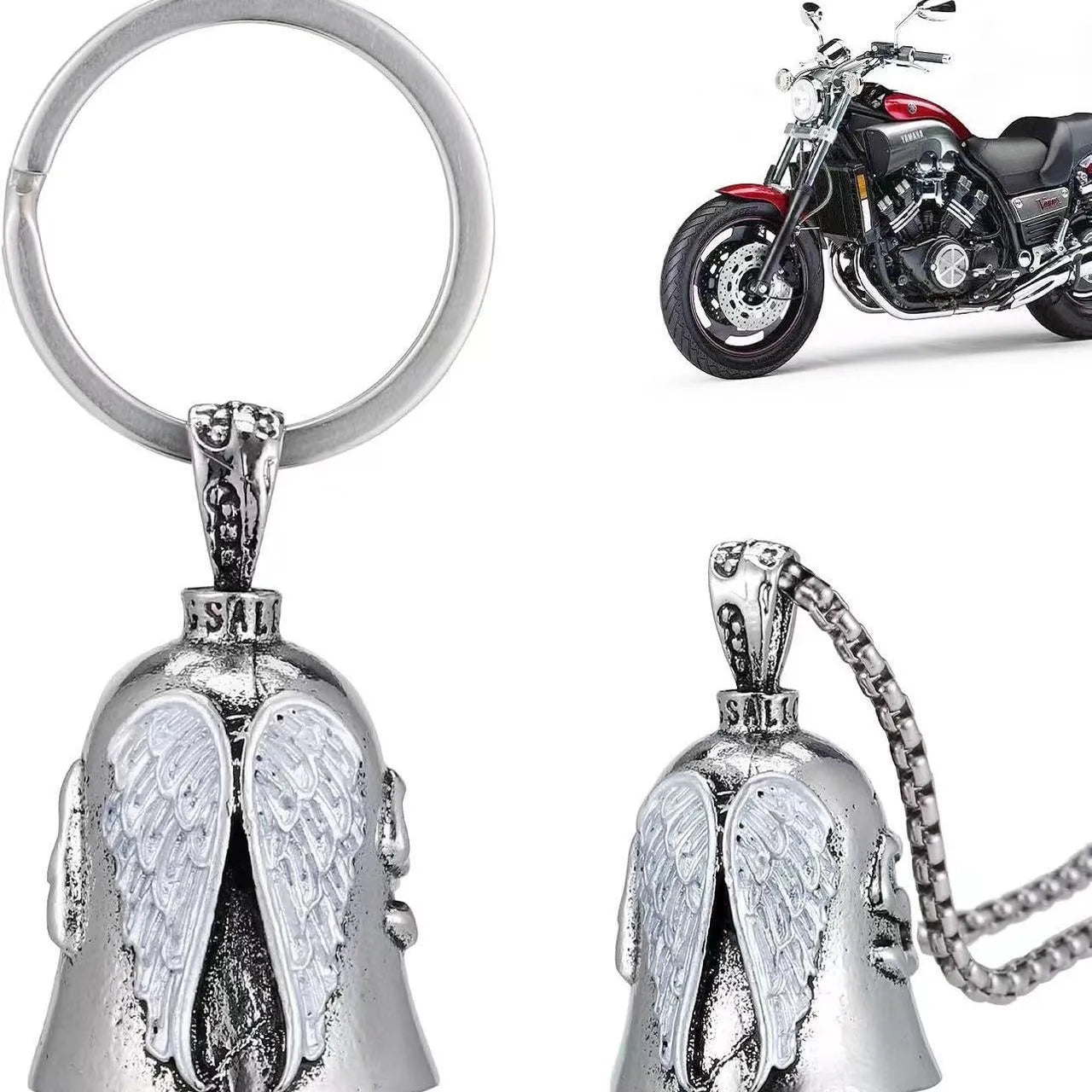 Vintage white angel feather wings alloy keychain and necklace set on a plain background.