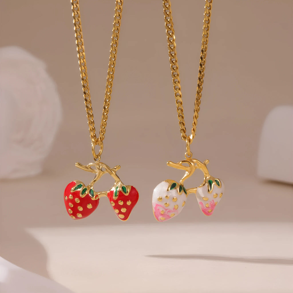 Stainless steel strawberry pendant necklace in red or white powder gradient colour options for women