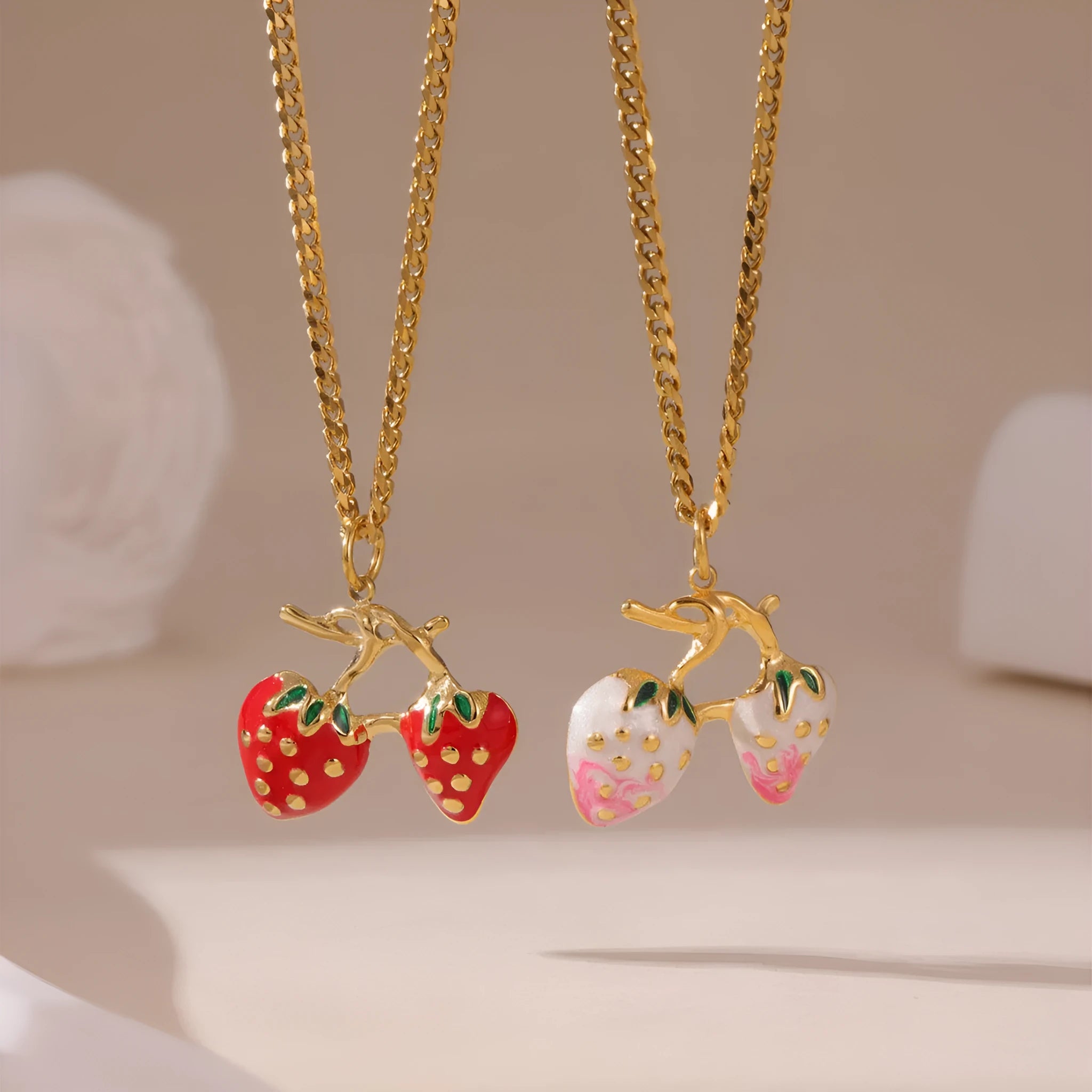Stainless steel strawberry pendant necklace in red or white powder gradient colour options for women