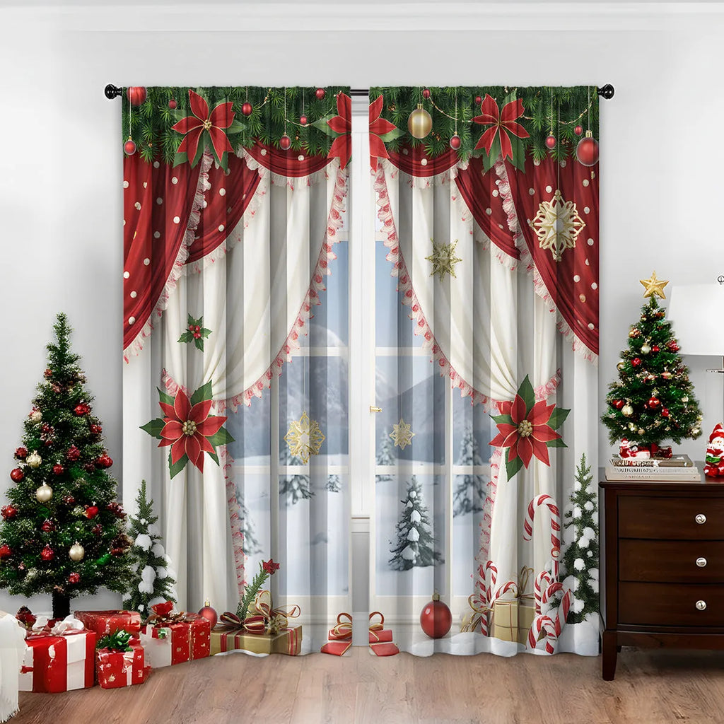A pair of 3D digitally printed Christmas curtains with festive patterns, made from polyester fabric.