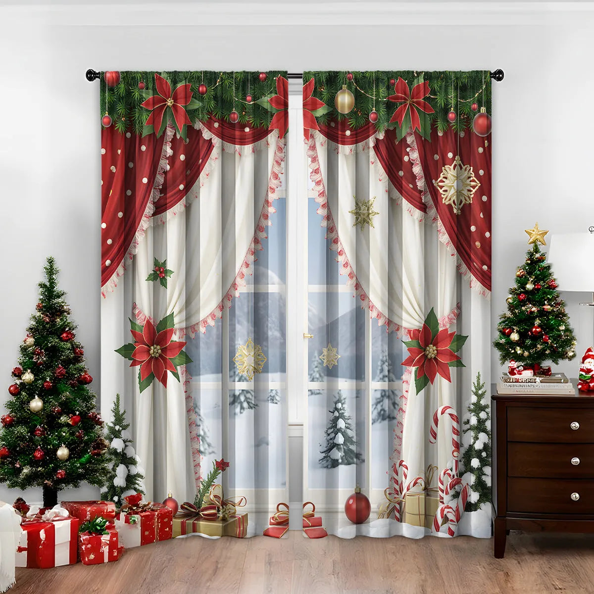 A pair of 3D digitally printed Christmas curtains with festive patterns, made from polyester fabric.