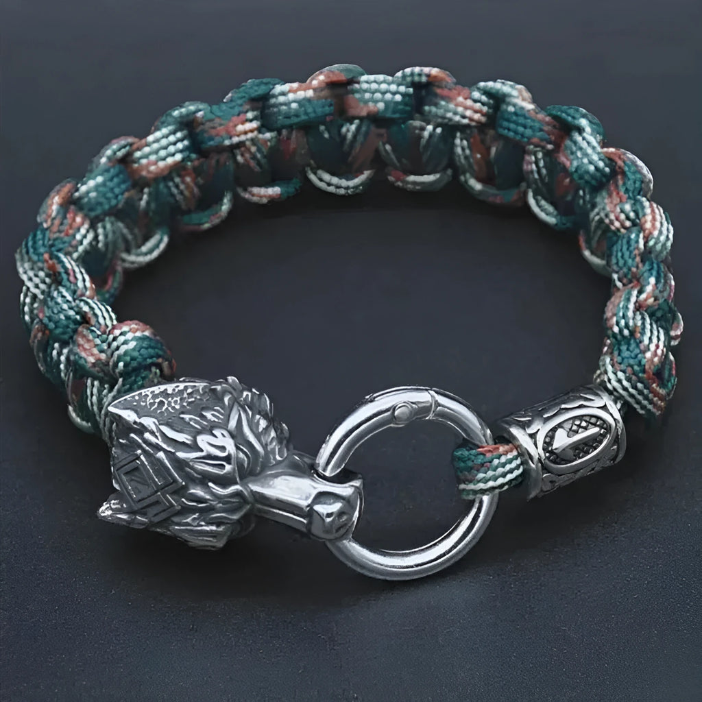 Handmade stainless steel wolf head bracelet with Luen character engraving in camouflage colour.