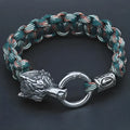 Handmade stainless steel wolf head bracelet with Luen character engraving in camouflage colour.