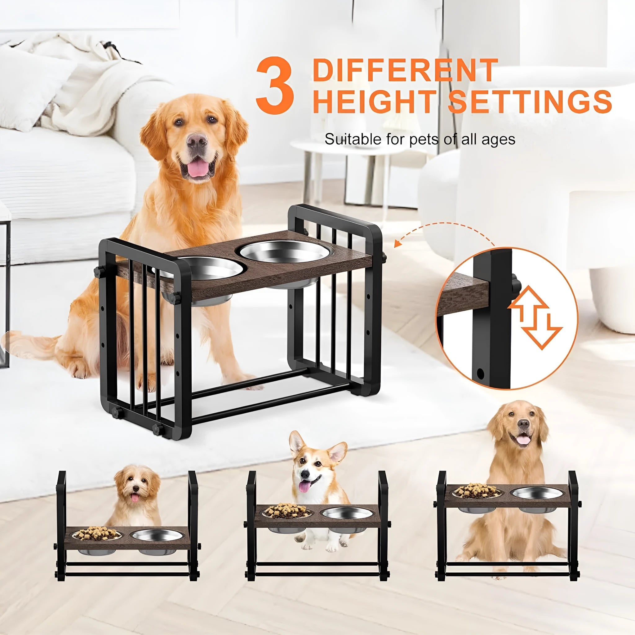 Black wooden dog bowl stand with non-slip bracket, dimensions 37x23cm.