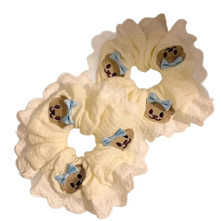 Bear blue bow lace large intestine hair ring elastic headband with cute bear design elements