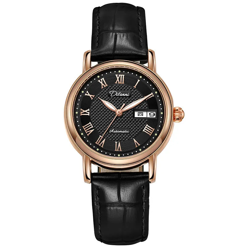 Women's automatic mechanical fashion watch with steel or leather strap options