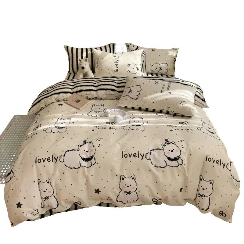 Cartoon dog print cotton bedding set including duvet cover and sheets in Animal World design