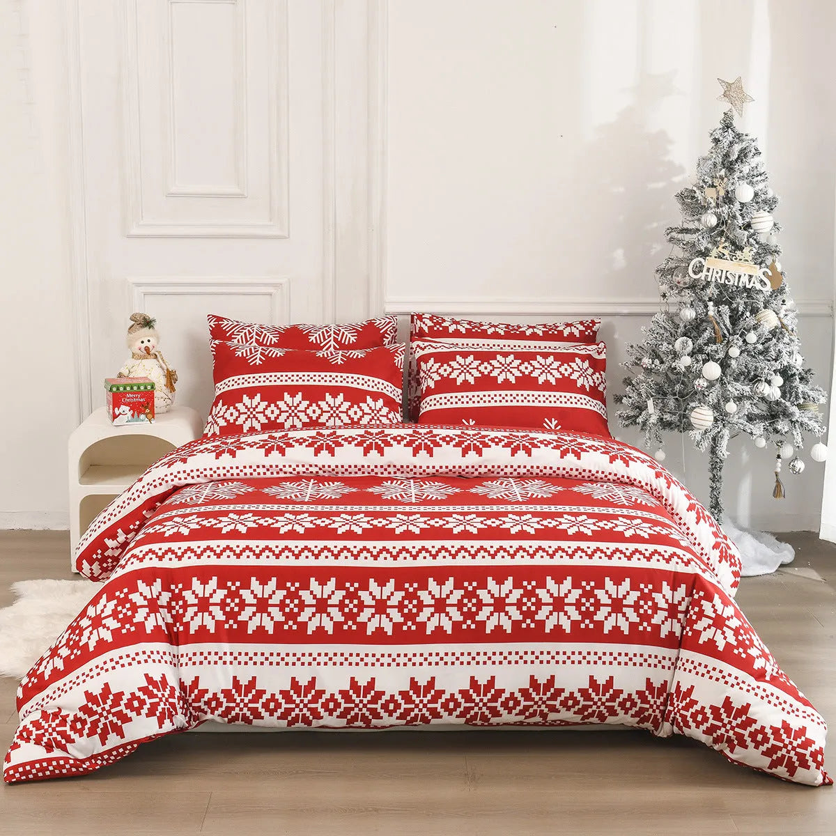 Red Winter Sleepers Christmas Love Song pattern bed cover-style quilt cover and pillowcases on a bed.