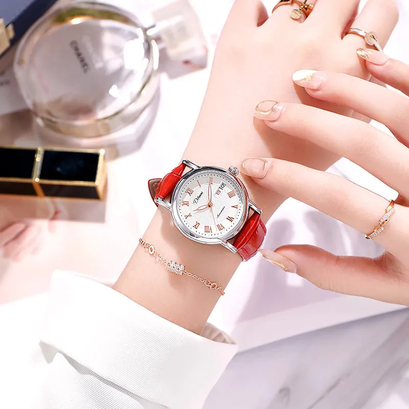 Women's automatic mechanical fashion watch with steel or leather strap options