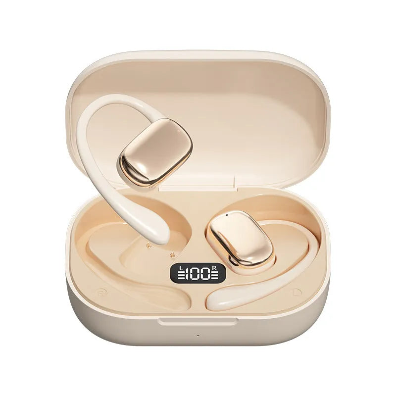 Ear-mounted wireless headphones in black with a small digital display screen on the side.
