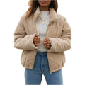 Women's Apricot corduroy zip-front jacket with a stand collar and wadded construction.