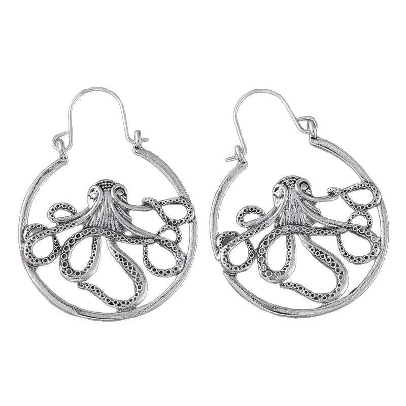 Antique silver vintage-style octopus earrings made from zinc alloy.