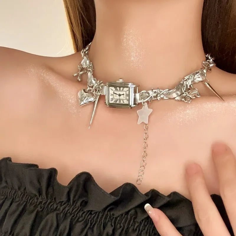 Dark multi-layer cross necklace with twin clavicle chains and hemp flower chain details
