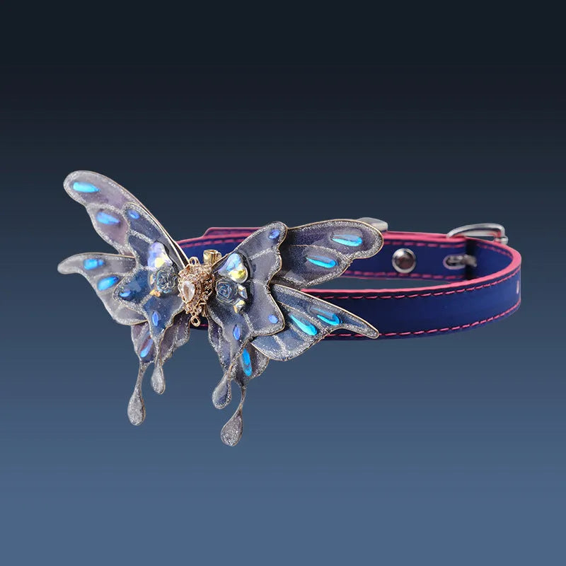 Purple butterfly rhinestone collar with temperature-change properties and alloy chain