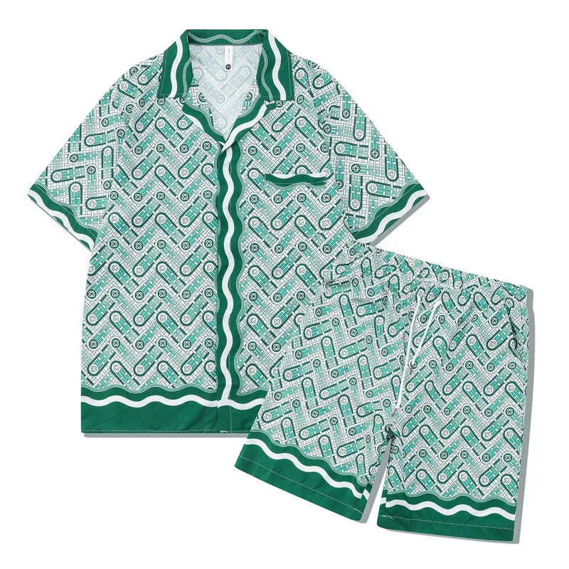 Plaid pattern beach outfit set with short sleeve shirt and matching shorts on mannequin