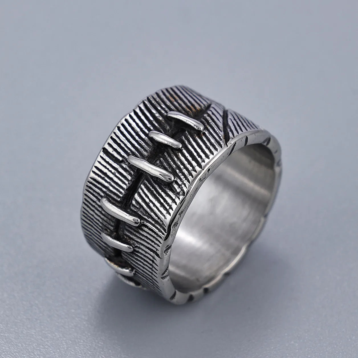 Dark punk titanium steel ring with geometric U-shape and double ring design