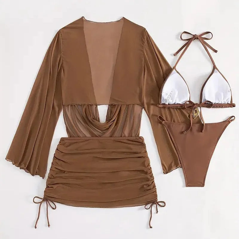 Women's dark brown lace-up backless bikini swimsuit with brief style and sleeveless design