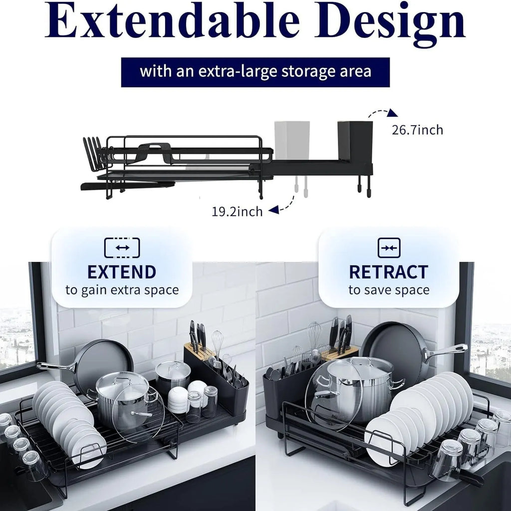 Retractable folding kitchen dish rack for cutlery and cup drainage made from carbon steel