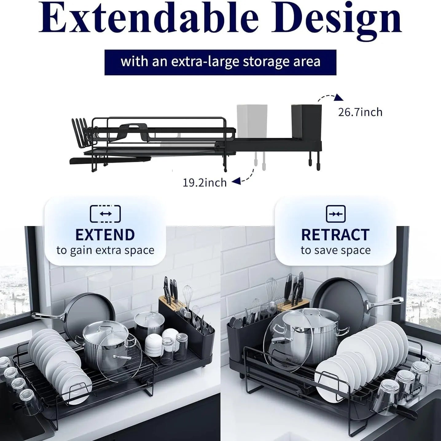 Retractable folding kitchen dish rack for cutlery and cup drainage made from carbon steel